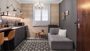 Un espacio habitable pequeño con kitchenette, un sofá gris, un tapete estampado y una araña.
