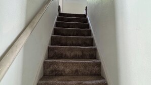 A carpeted staircase with a handrail, leading to a landing with a window. - 18 The Wharfage (Telford)