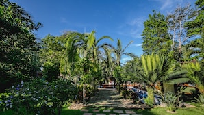 A garden pathway with palm trees and a clear blue sky. - Legian Villa Hotel (Porto Seguro)
