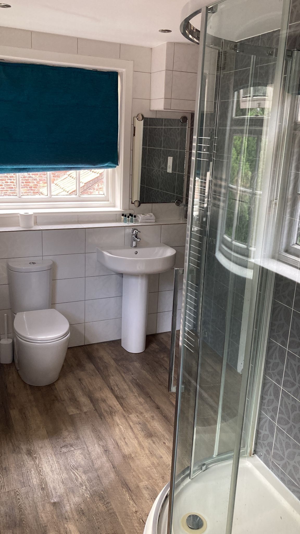 A bathroom with a glass-enclosed shower, a sink, and a toilet.
