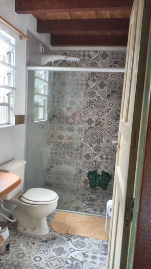 Shower, towels, soap, toilet paper