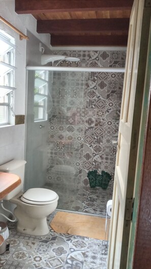Shower, towels, soap, toilet paper
