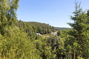 Una casa rodeada de un bosque frondoso, con cielo despejado.