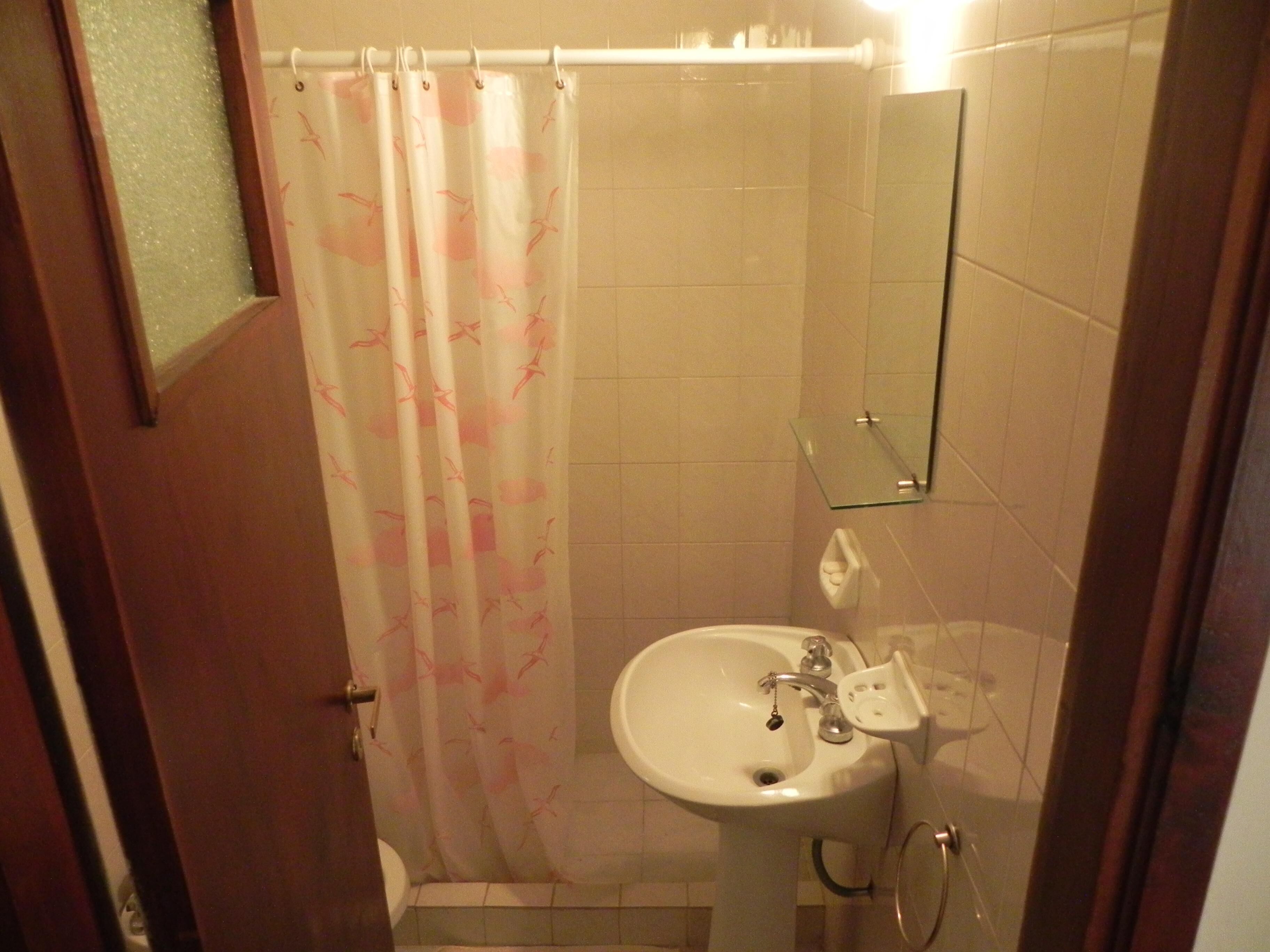 A bathroom with a shower curtain, a sink, and a mirror.
