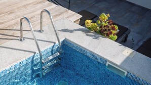 A swimming pool with a tiled edge, metal handrails, and a planter with plants on the adjacent patio area.
