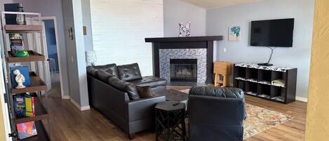 TV connectée, cheminée, lecteur de DVD, livres