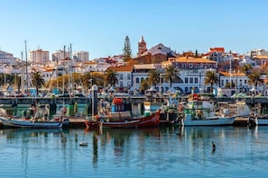 Un port de plaisance avec des bateaux amarrĂ©s, une Ă©glise imposante dotĂ©e dâun clocher, et des immeubles dâhabitation en arriĂšre-plan.