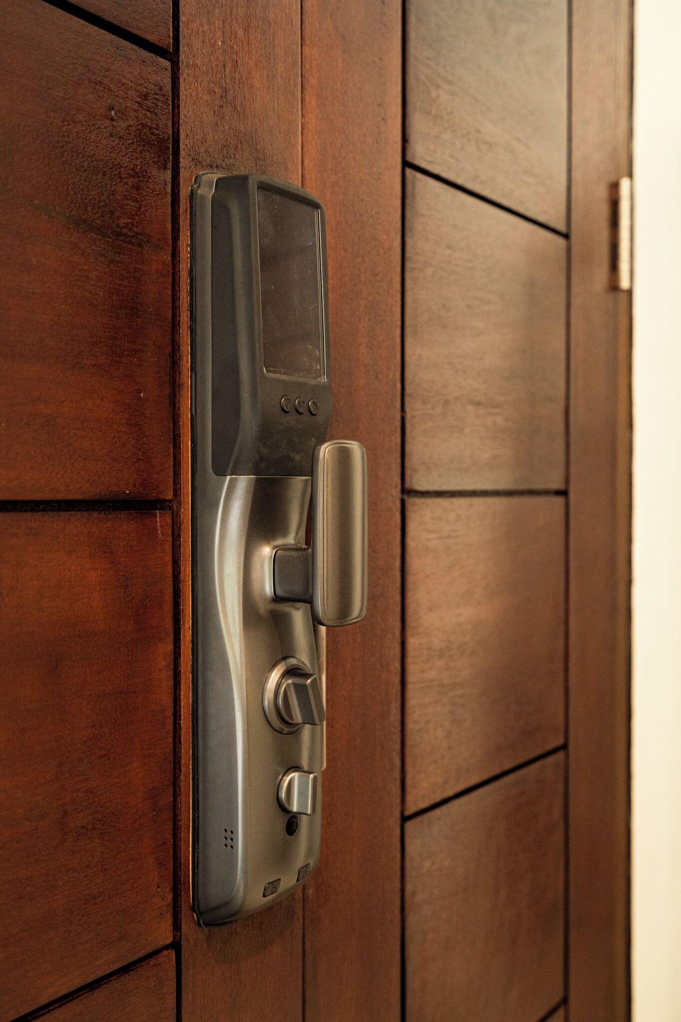 A modern door with a built-in electronic lock and a keyhole.