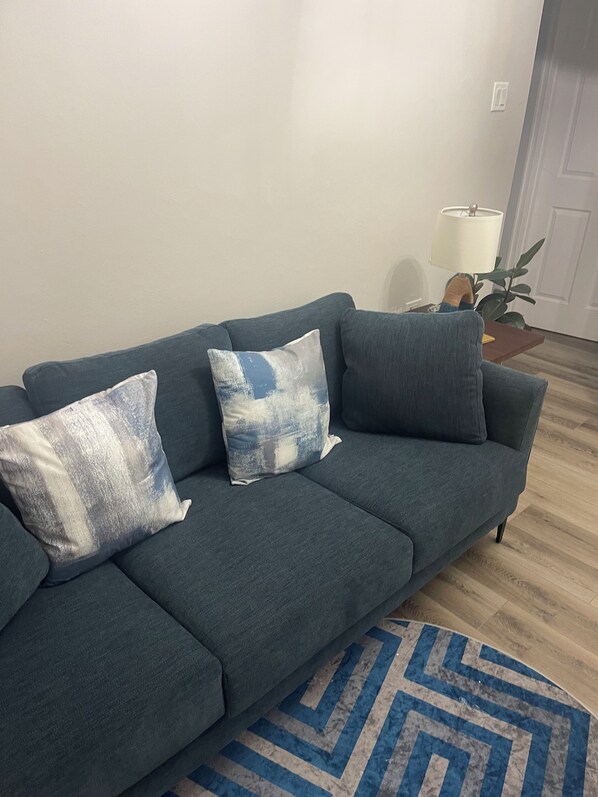 A dark grey sofa with three cushions, a blue and white patterned rug, and a wooden floor. - Exclusive apartment with WiFi in cool Mandeville (Mandeville)