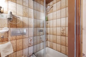 Shower, hair dryer, towels