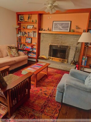 Smart TV, fireplace, books