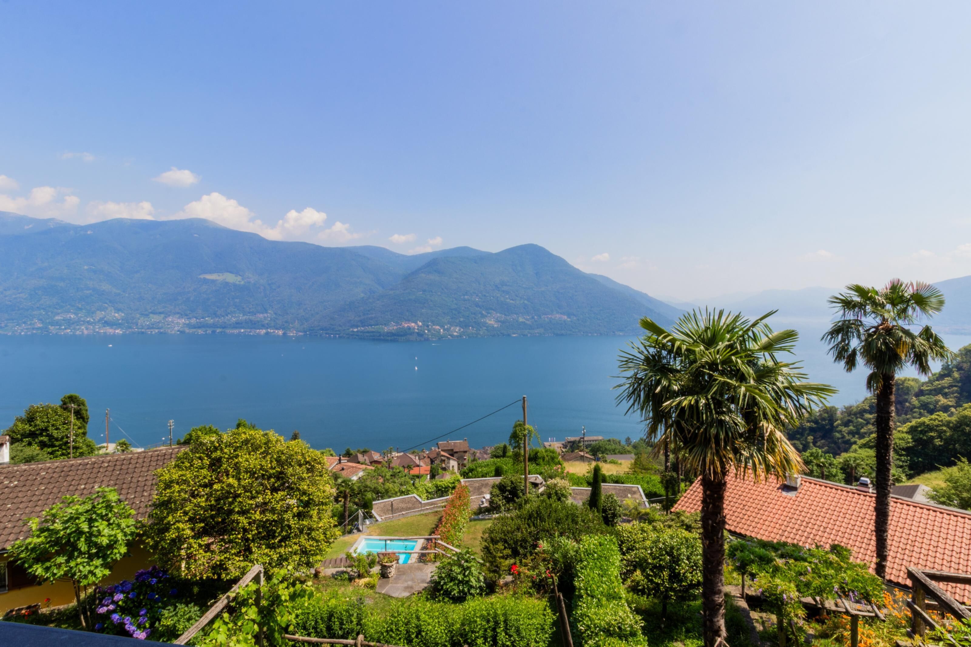 A residential area with a swimming pool, houses, and a view of a lake with mountains in the background.