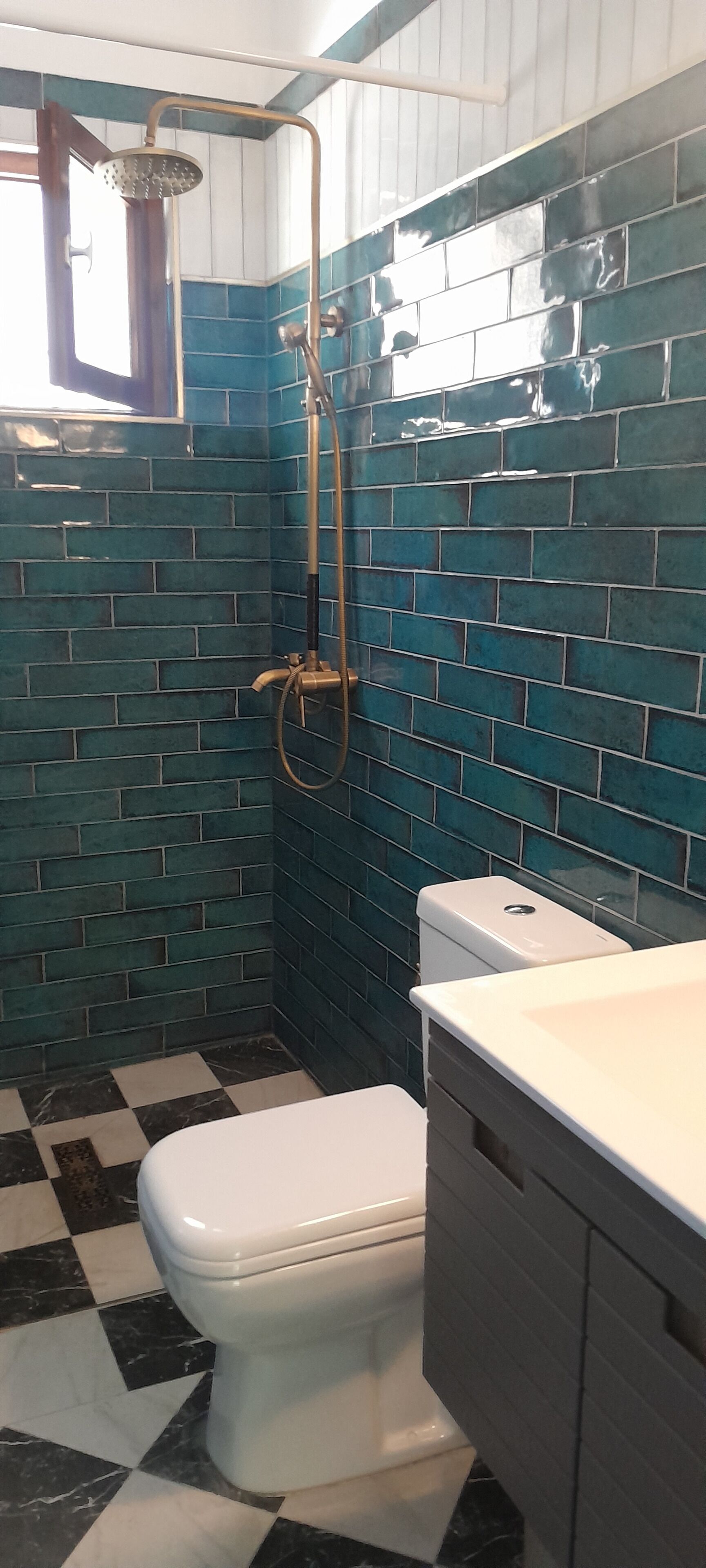 Regadera, secadora de cabello, toallas, jabón 