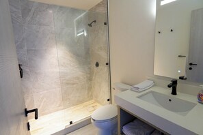 Hair dryer, towels, soap, toilet paper