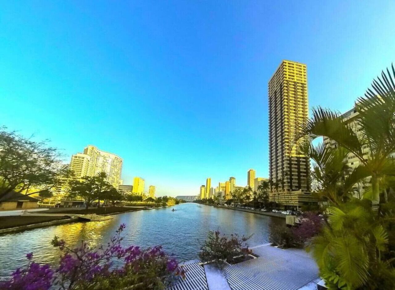 A river with buildings on both sides, a clear sky, and some greenery in the foreground.