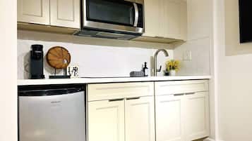 Microwave, stovetop, coffee/tea maker, toaster