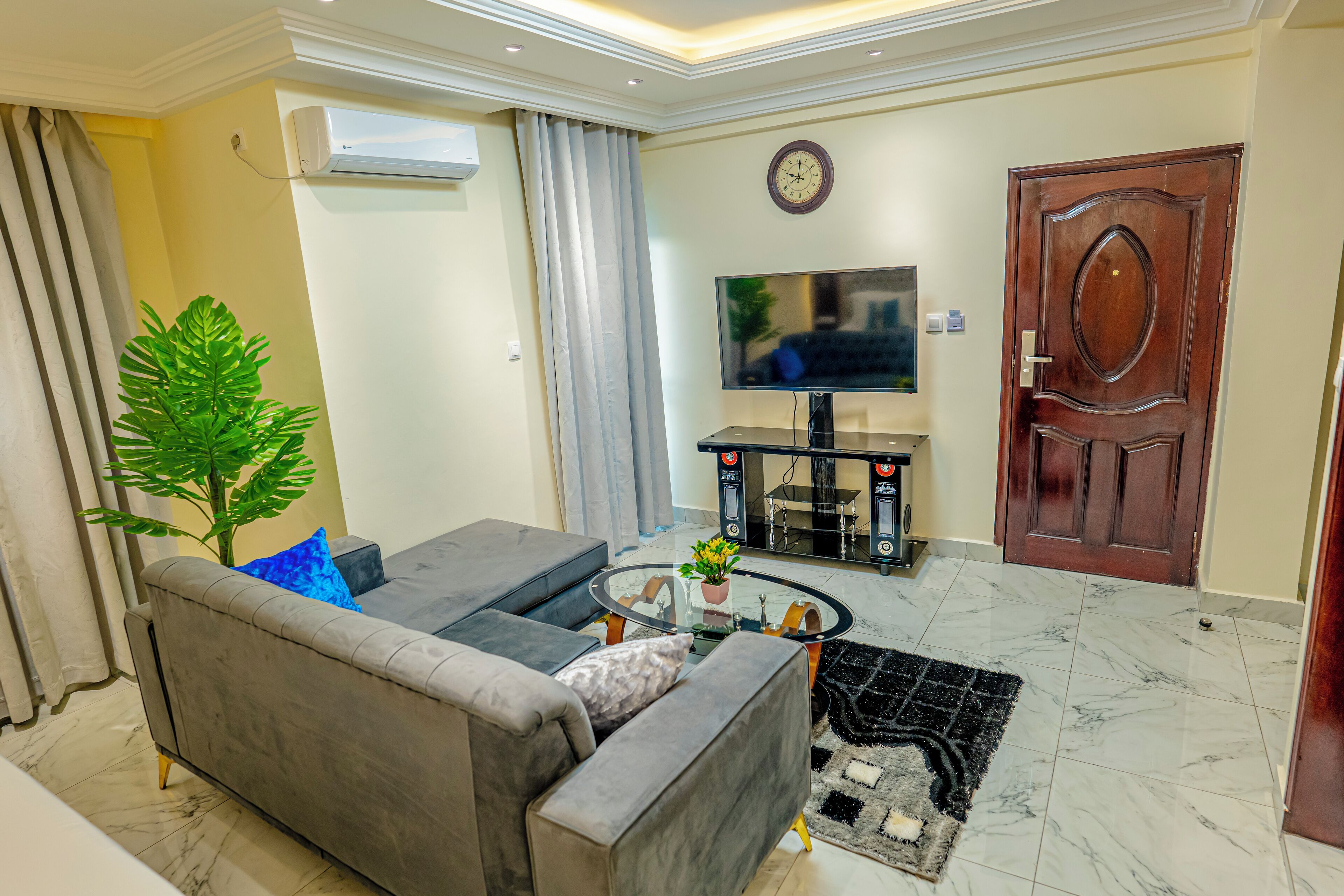 A living room with a grey sofa, a coffee table with a plant, a TV on a stand, and a wooden door.