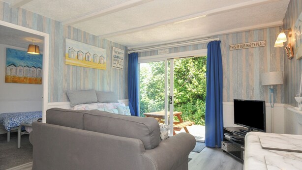A cozy living room with a sofa, a bed, a TV, and a dining area with a table and chairs. - 8 Hillside (Bude)