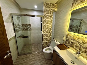 Douche, serviettes fournies, savon, papier toilette