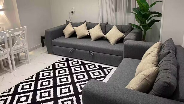 A modern living room with a grey sofa, a patterned rug, and a large potted plant. - Your Unique home in cairo (Cairo)