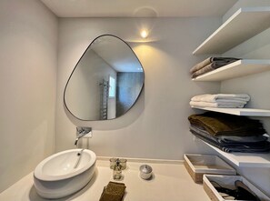 Hair dryer, towels, toilet paper
