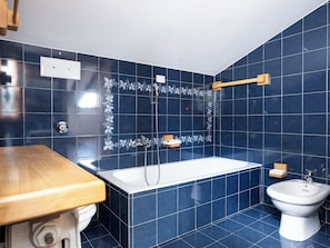Hair dryer, bidet, towels, soap