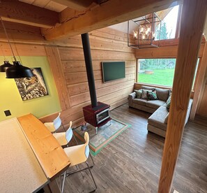 Smart TV, fireplace, books