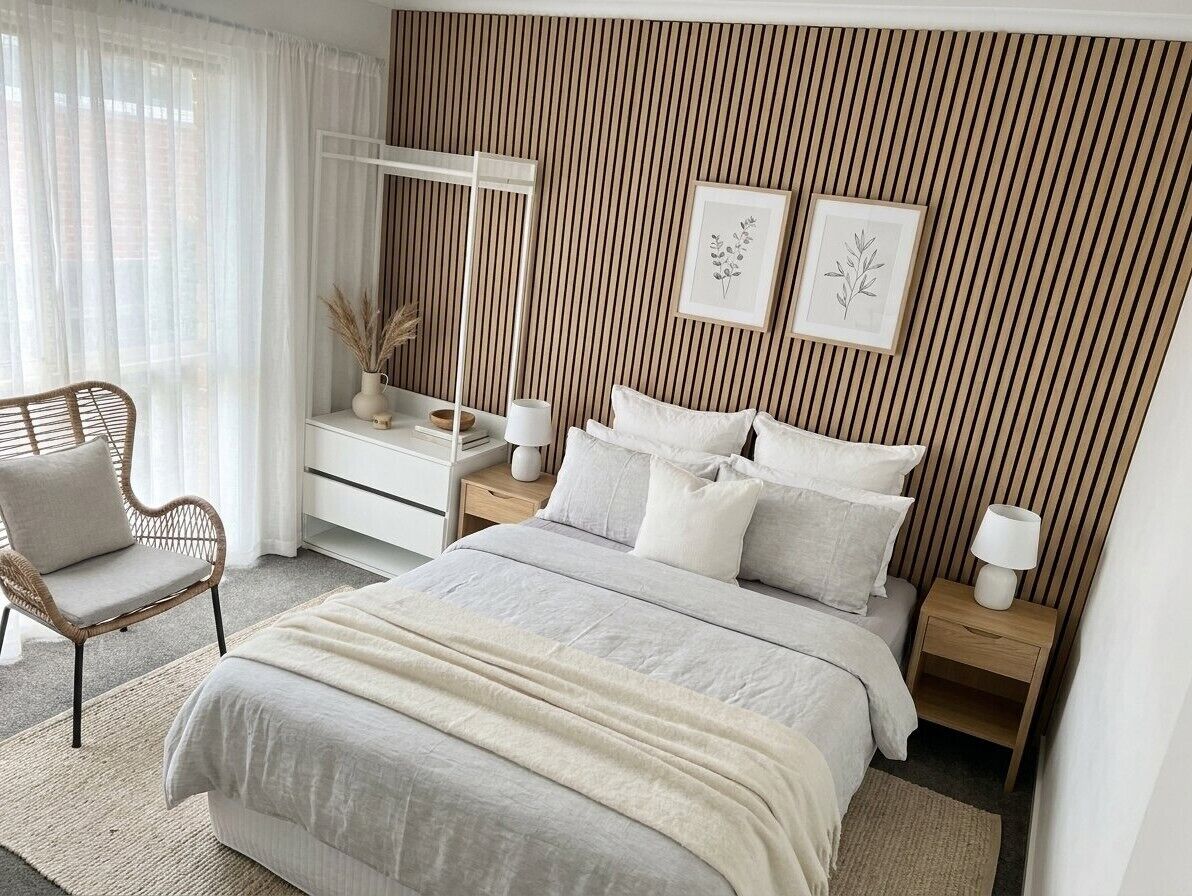 A bedroom with a bed, bedside tables, a chair, and a wall with vertical lines.