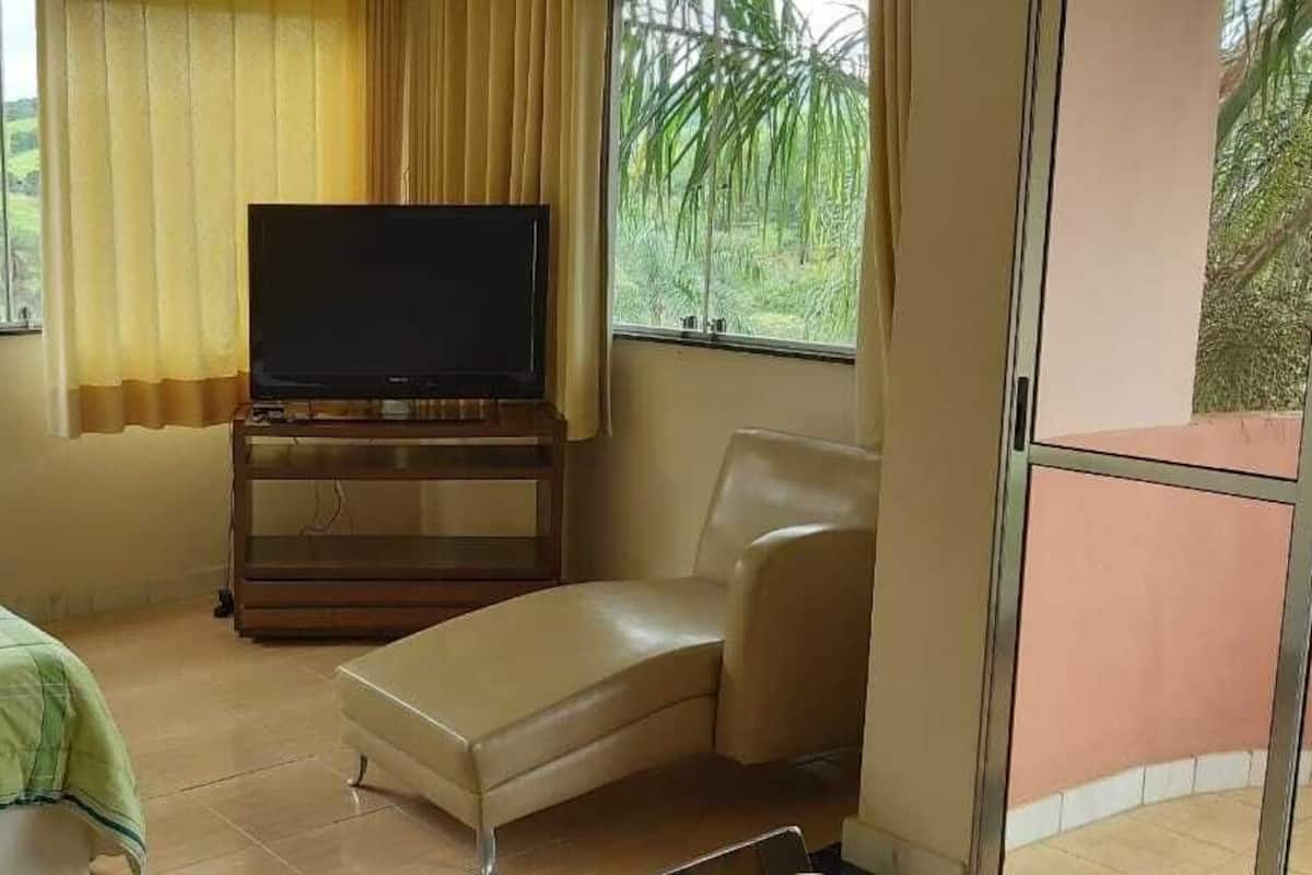 Een kamer met een bed, een televisie op een houten standaard, een stoel en uitzicht op groen buiten.