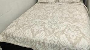 A small, single-bed room with a dark headboard, a patterned bedspread, and a white door. - Charming B&B with AC, WiFi in Phenomenal Revere (Revere)