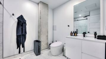 Hair dryer, towels, soap, shampoo