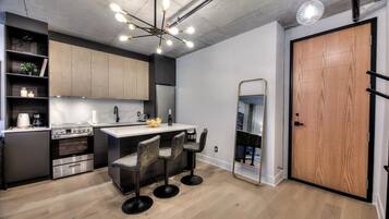 Mini-fridge, microwave, stovetop