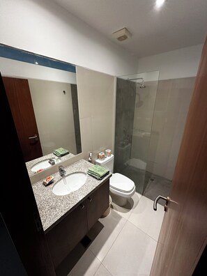Douche, bidet, serviettes fournies, savon