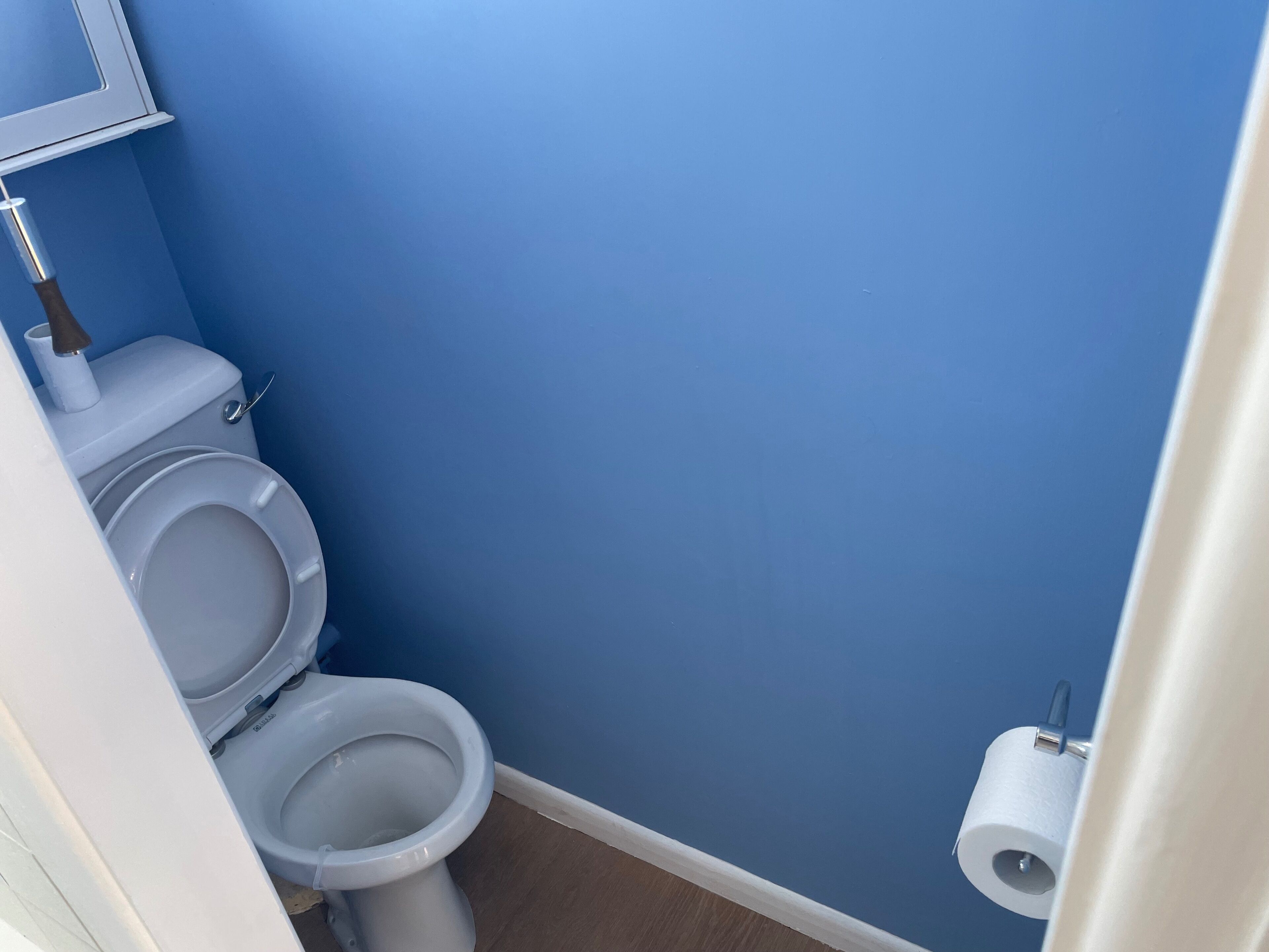 A small bathroom with a toilet, a roll of toilet paper, and a blue wall.