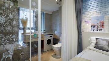 Hair dryer, towels, soap, toilet paper