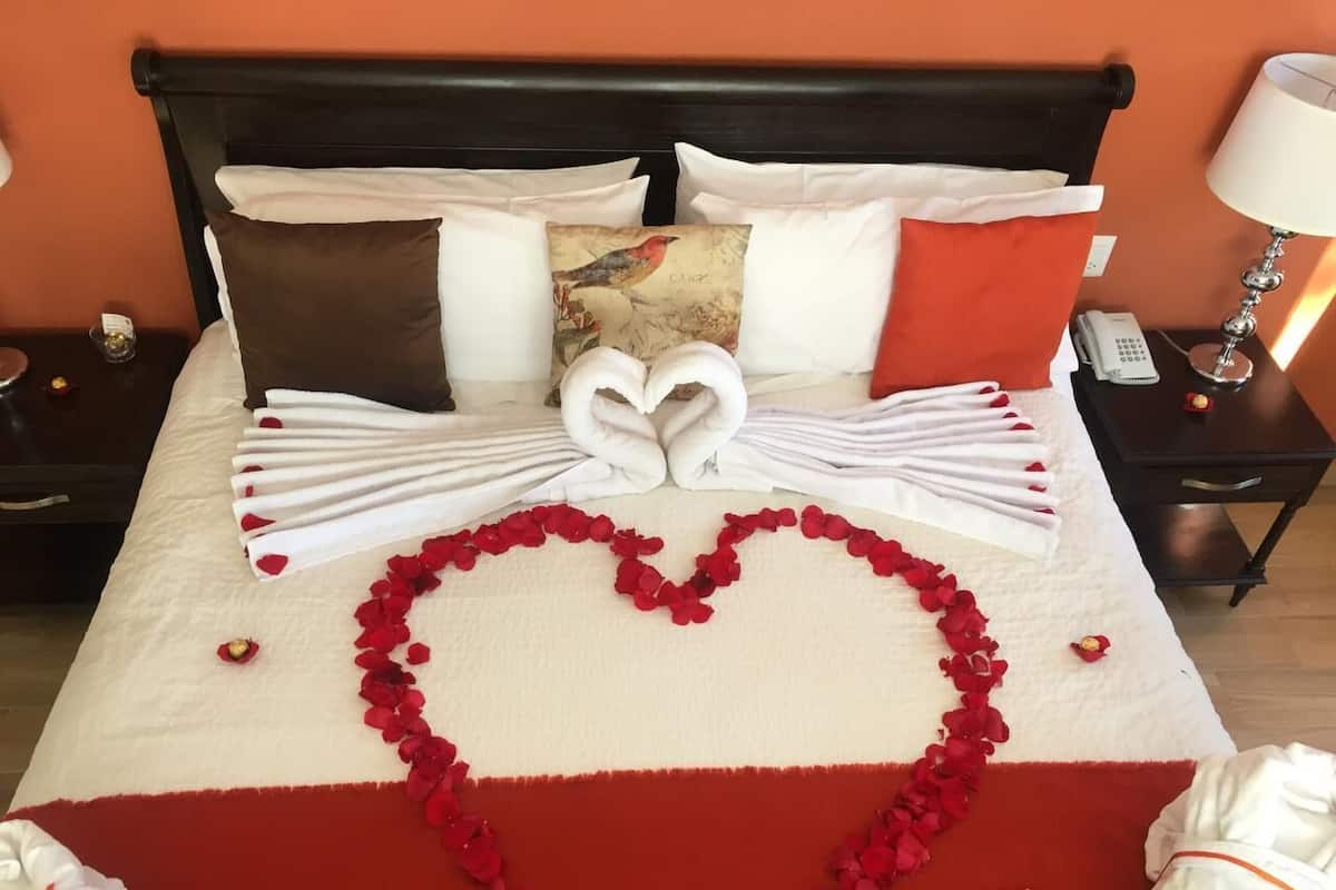 Uma cama com arranjo de pétalas de rosas vermelhas em formato de coração e toalhas, um travesseiro com tema de pássaro e uma luminária de cabeceira.