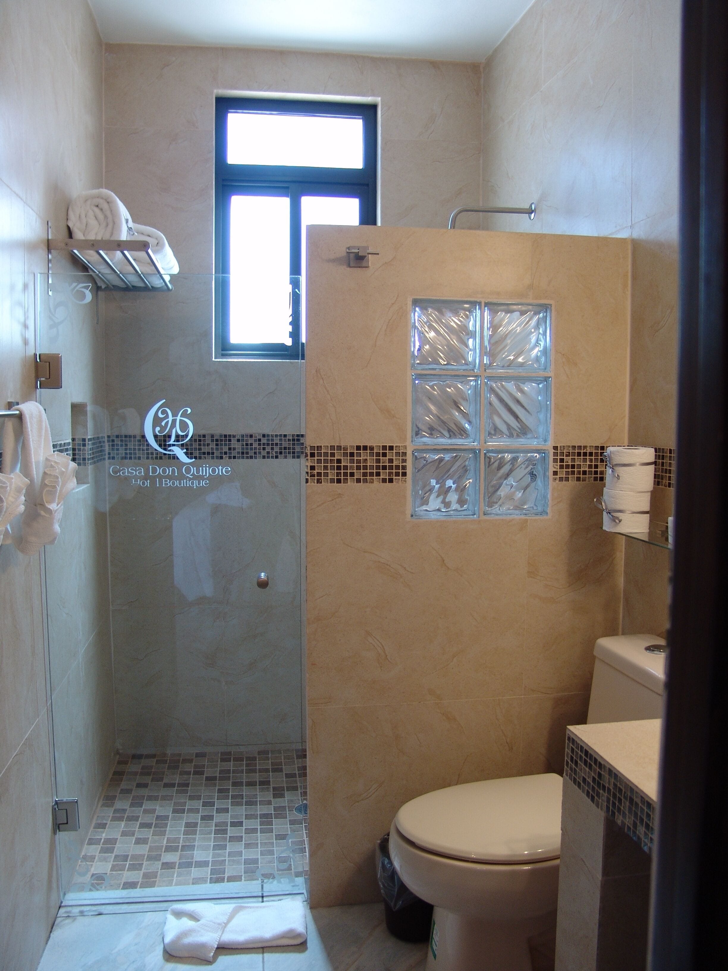 A bathroom with a shower, toilet, and a window.