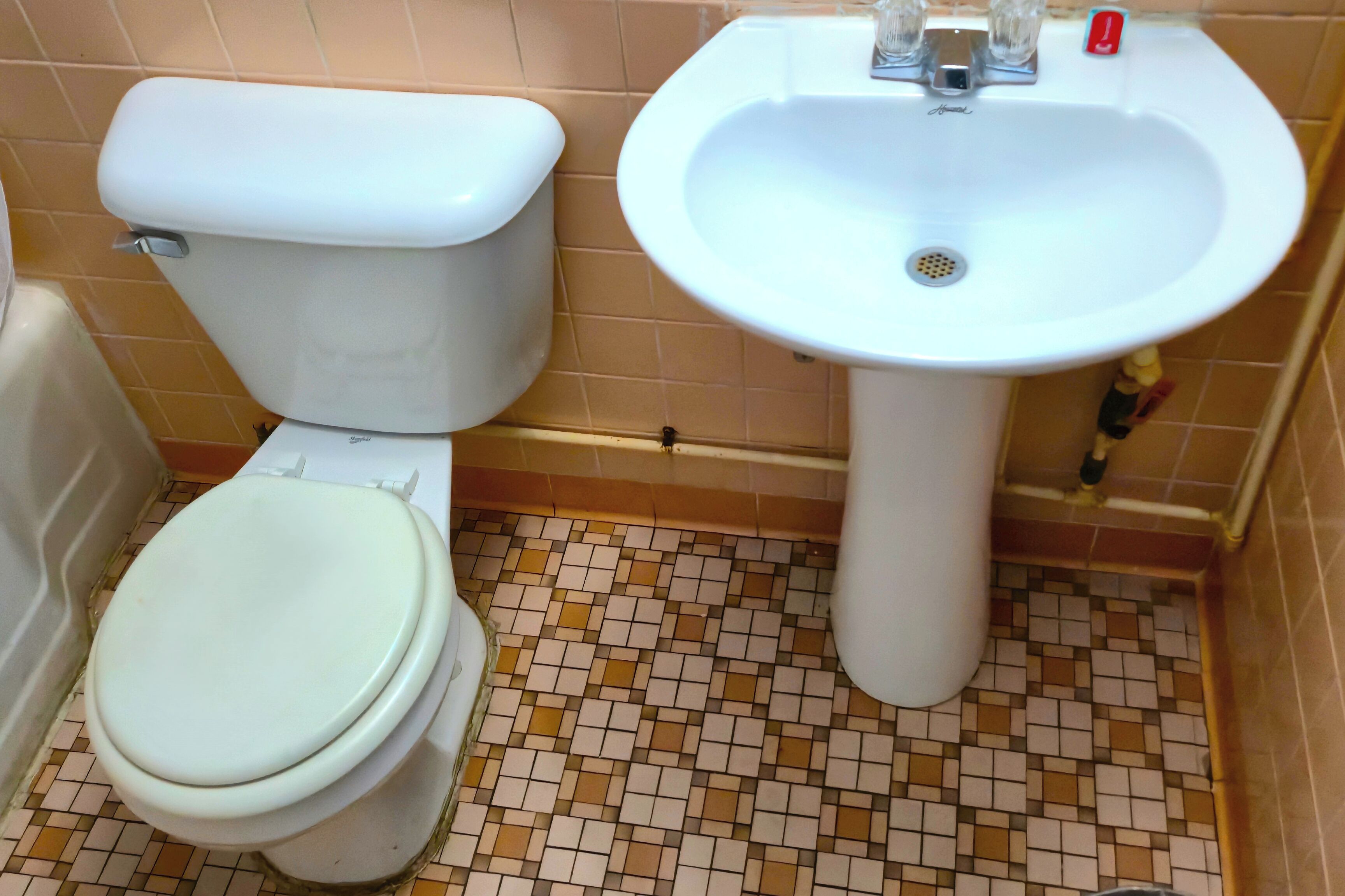 A bathroom with a toilet and a sink.