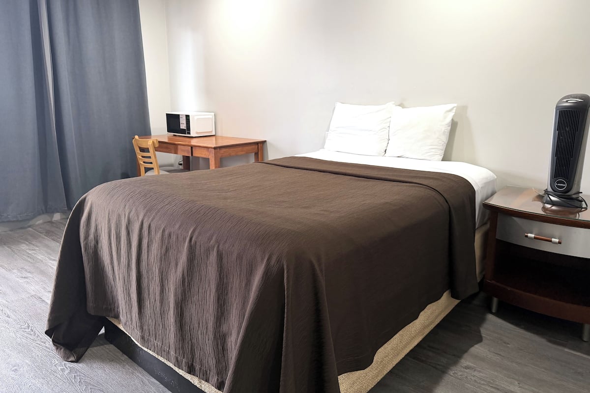 A hotel room with a bed, a bedside table, a chair, a desk, and a heater.