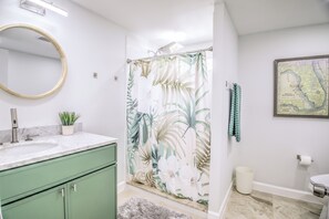 Shower, hair dryer, bidet, towels