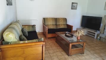 A living room with a sofa, a coffee table, and a television.