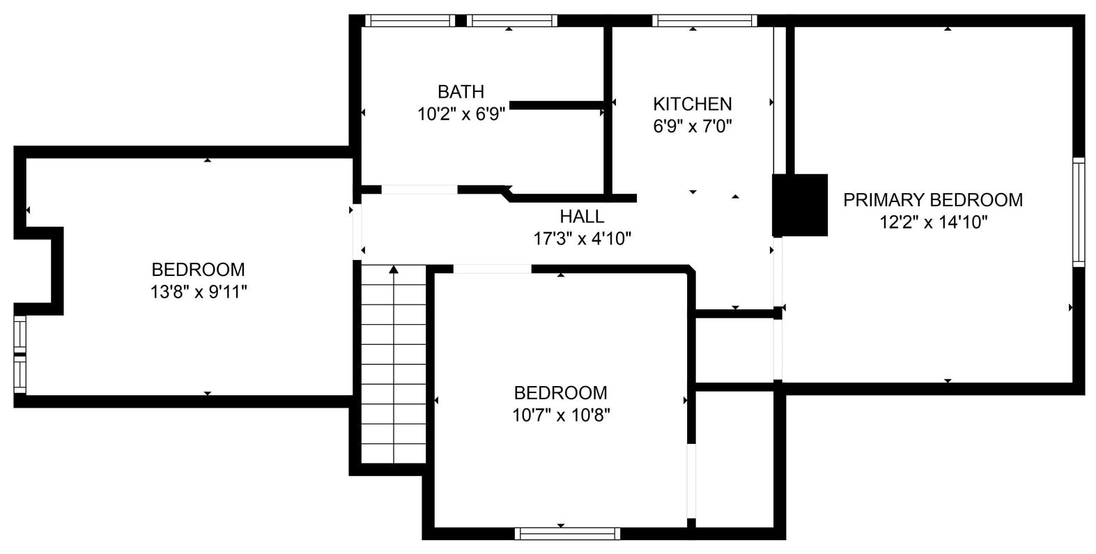 Plano de planta con un dormitorio de 4,11 metros por 2,97 metros, un baño de 3,07 metros por 2,06 metros, una cocina de 2,06 metros por 2,13 metros, un pasillo de 5,21 metros por 1,42 metros, un segundo dormitorio de 3,23 metros por 3,25 metros y un dormitorio principal de 3,66 metros por 4,57 metros.