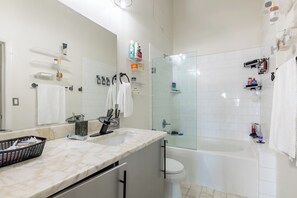 Hair dryer, towels, soap, shampoo