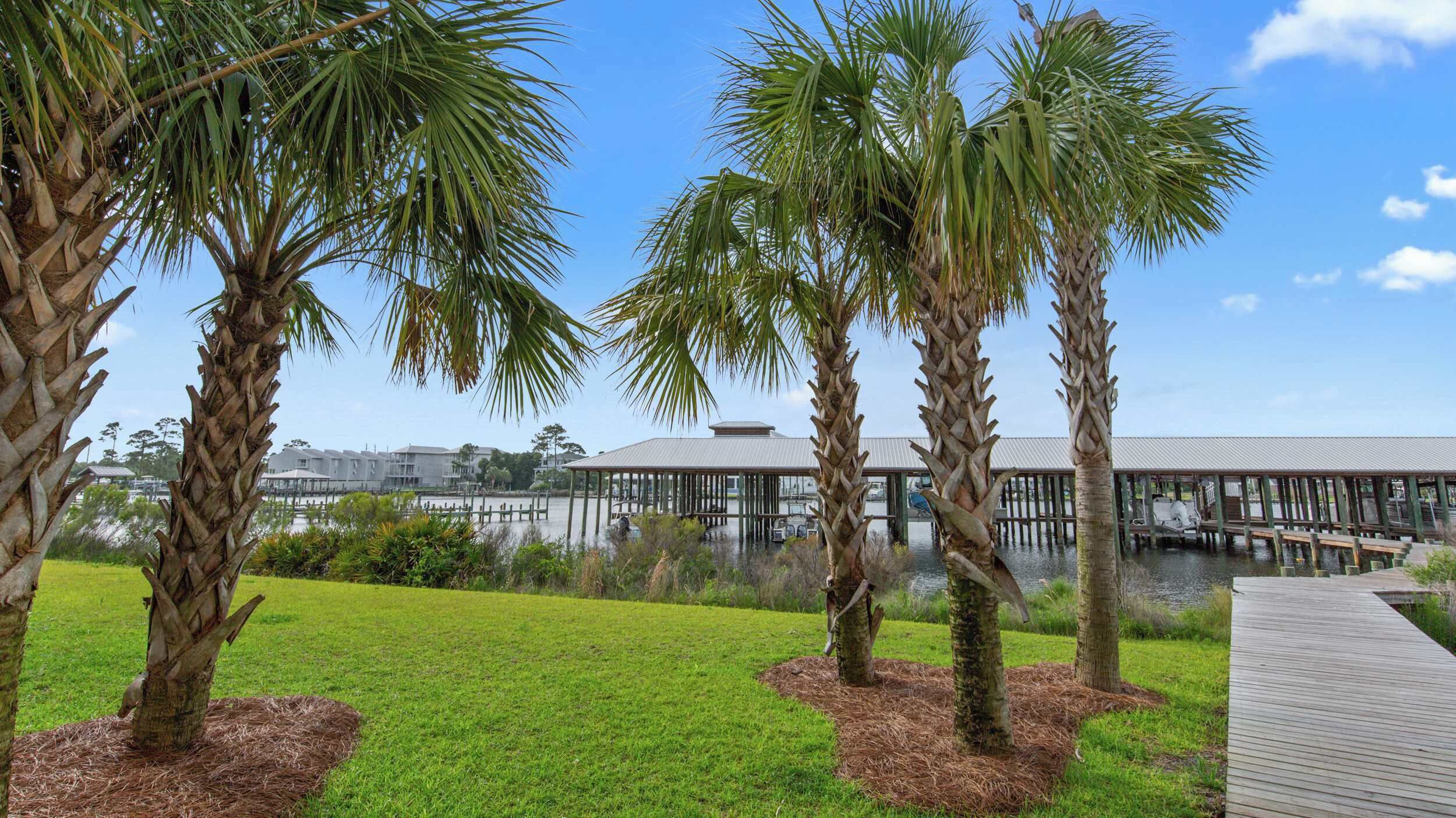 A waterfront property with palm trees, a grassy lawn, and a dock leading to a building with a metal roof.