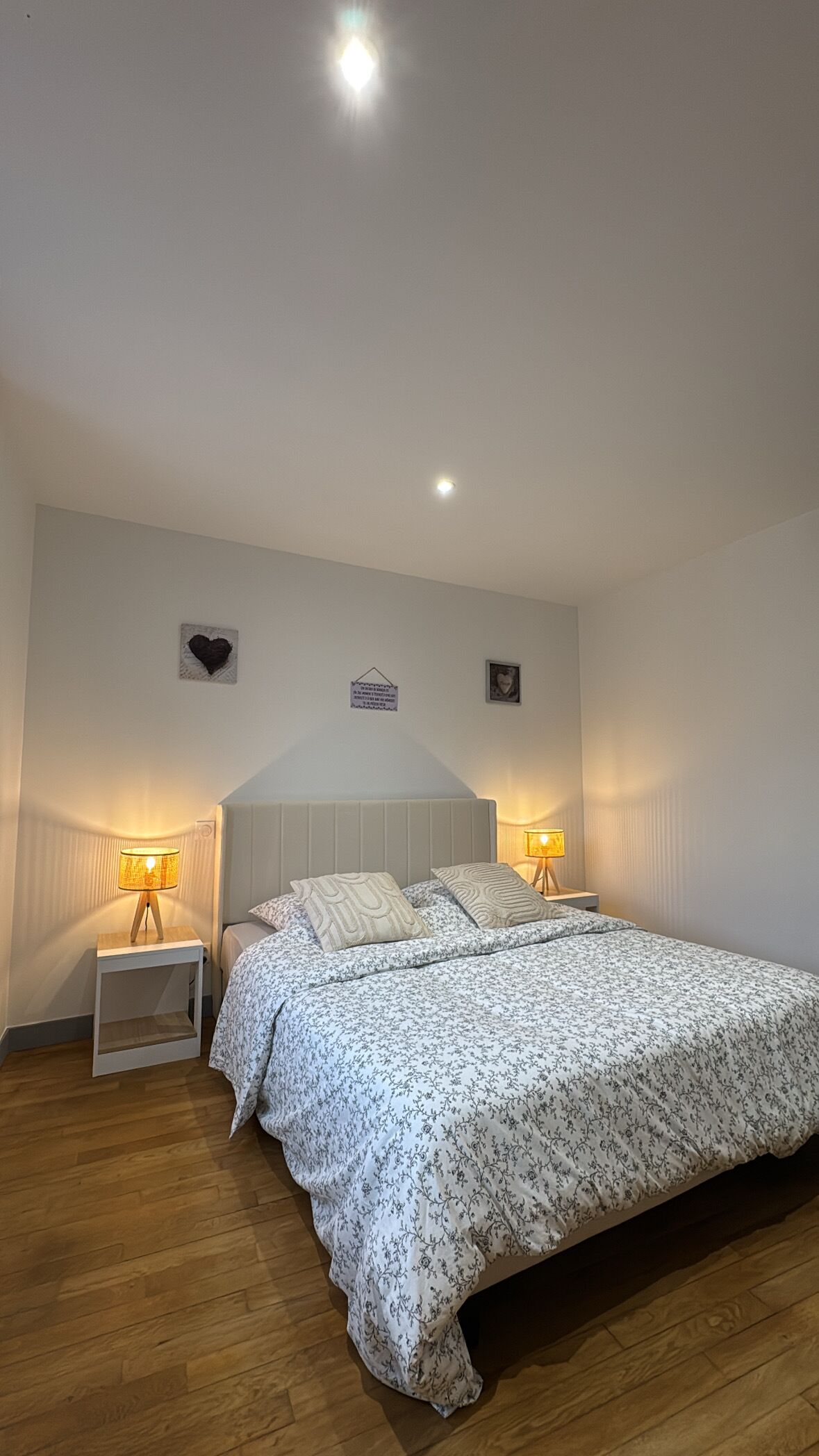 A bedroom with a bed, two bedside tables, a nightstand, a ceiling light, and two wall-mounted decorations.