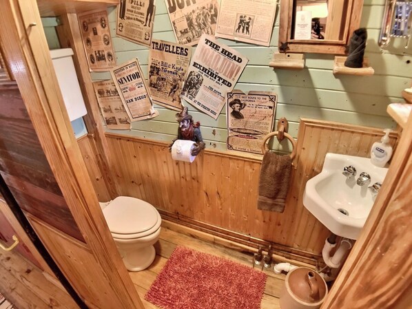 Un baño rústico con paredes de madera, un inodoro, un lavamanos y una alfombra roja.