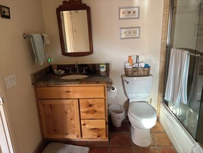Hair dryer, towels, soap, toilet paper