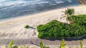 An aerial view of a beach with a paved walkway, palm trees, and a rocky shoreline.