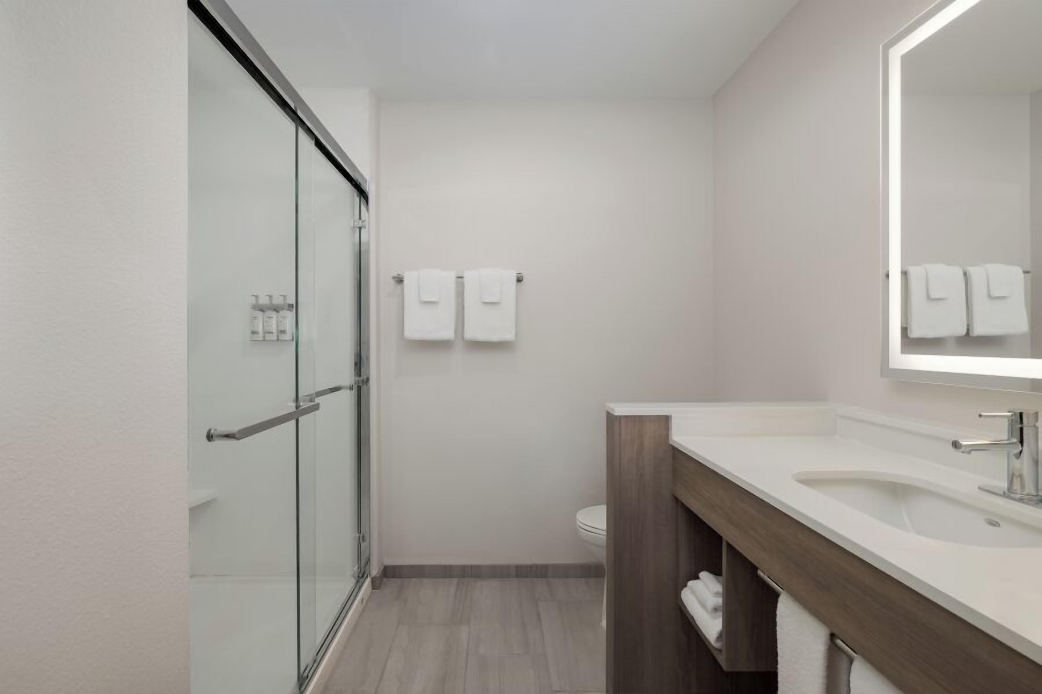 A modern bathroom with a glass shower enclosure, a wooden vanity, a large mirror, and a toilet.