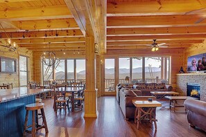 TV, fireplace, video games, foosball